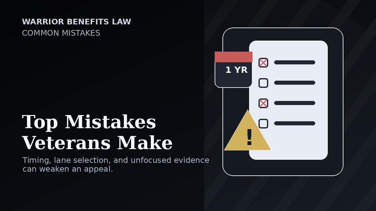 Illustration of a VA appeal checklist with warning symbols.